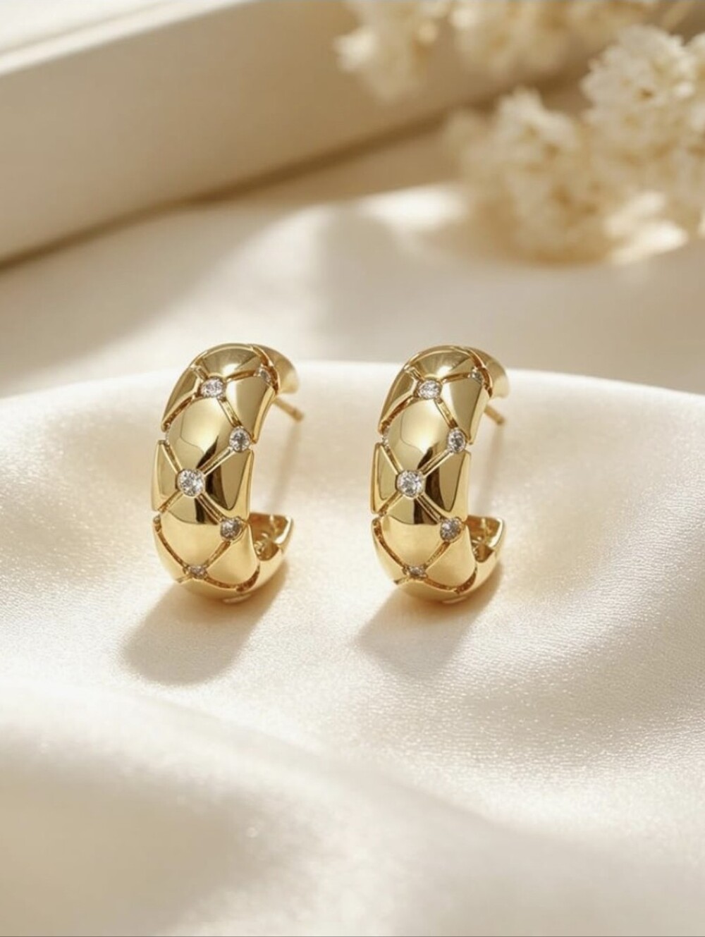 Gold Quilted Hoop Earrings with Crystal Accents